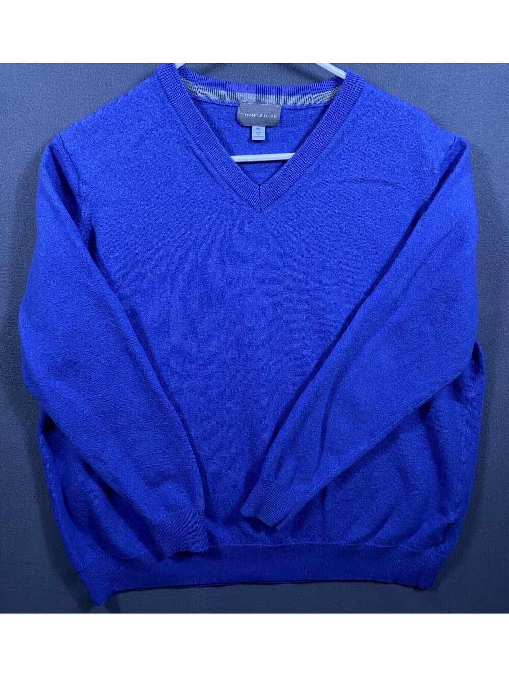 Thomas Dean Extra Fine Merino Wool Blue V-Neck Men's Pullover Sweater sz XXL